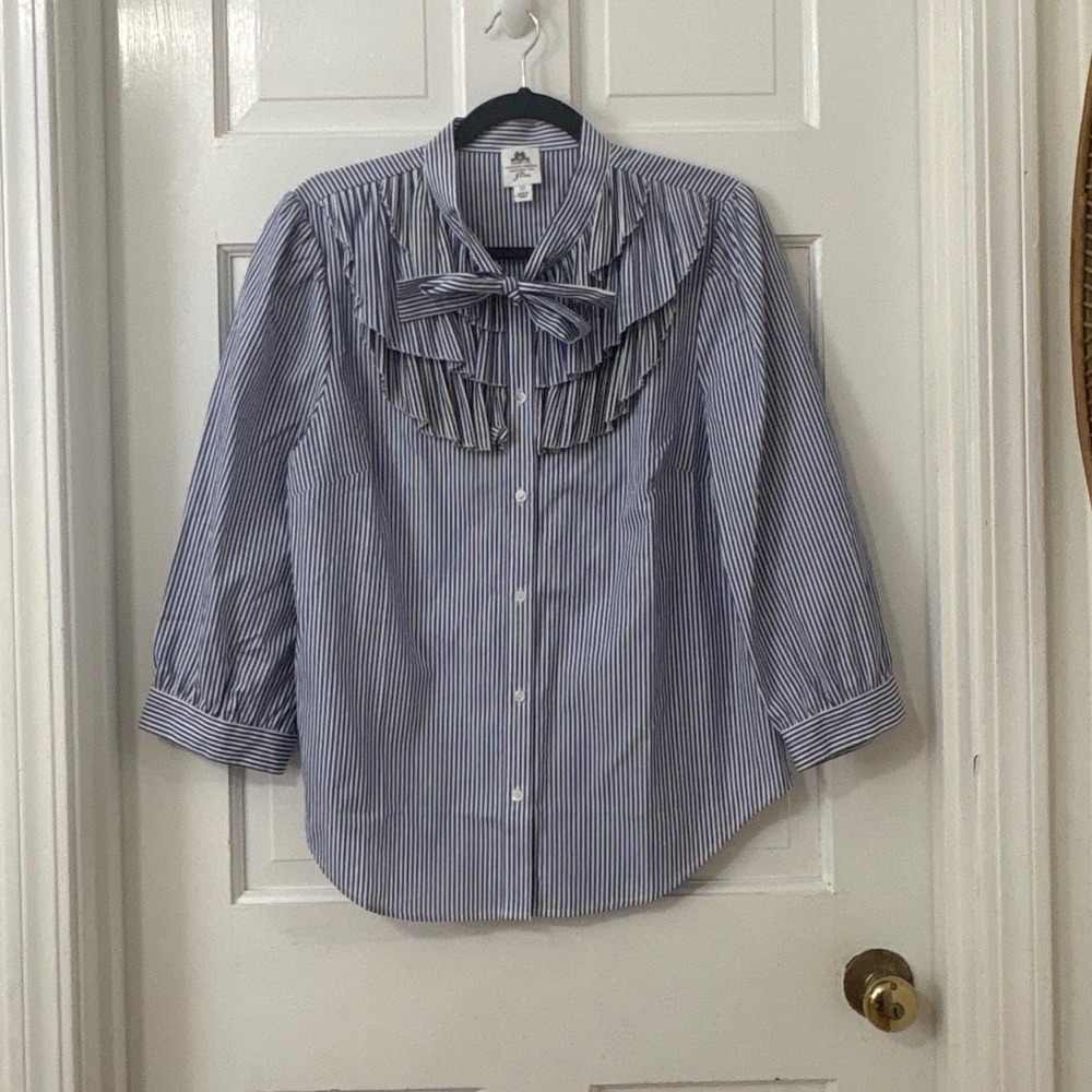 J.Crew Thomas Mason Mixed Stripes Ruffle Shirt 12 Career Nautical Preppy Regency